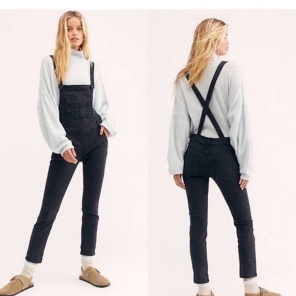 Free People Y2K Black Women's Washed Denim Overalls Stretched Bib Jumpsuit 24 - Picture 10 of 10